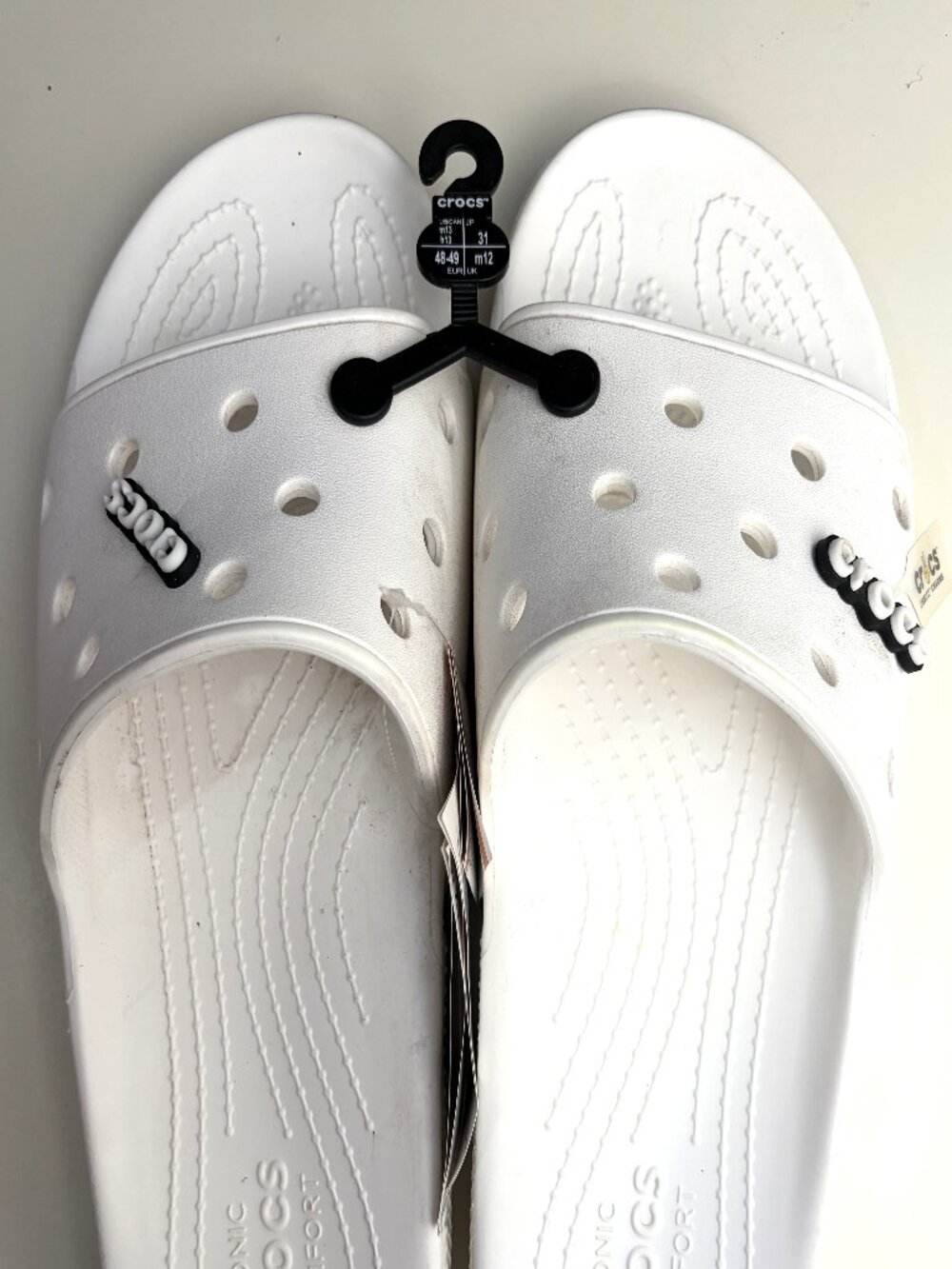 NWT Crocs Classic Slide White Men’s 13 Logo Jibbitz Charms